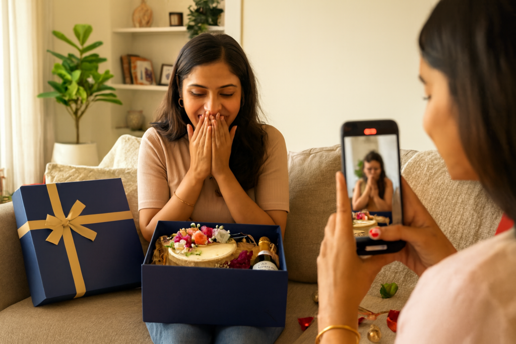 Young woman reacting with joy to a premium Winsheart gift box delivery while being recorded on video